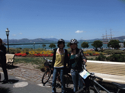 Miaomiao and Mengjin with bikes at the beach and pier of the Aquatic Park Historic District