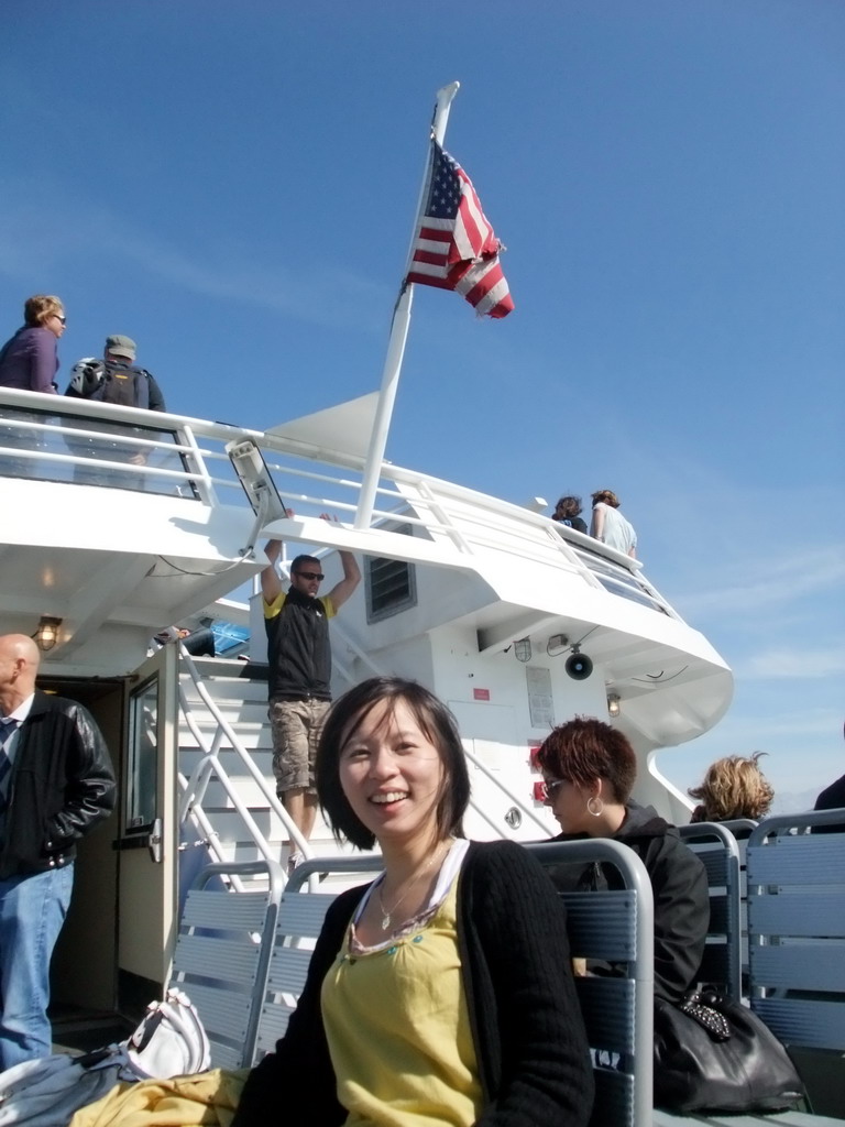 Mengjin on a boat in the San Francisco Bay