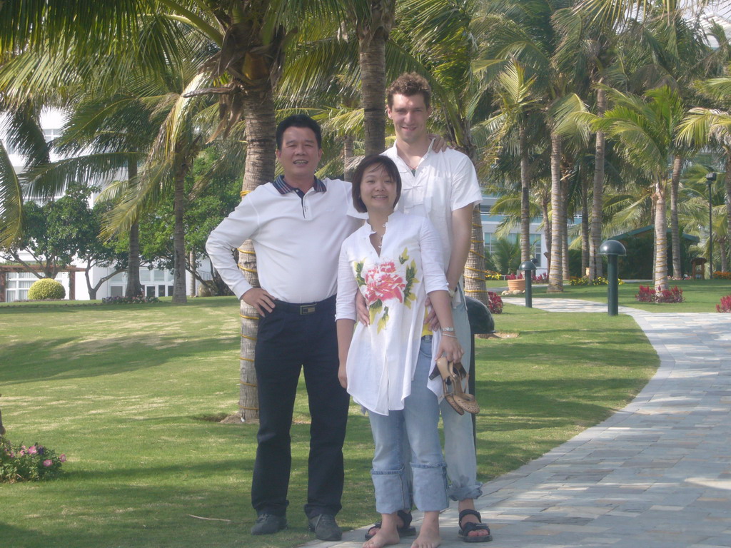 Tim and Miaomiao with a friend of Miaomiao`s father at the gardens of Gloria Resort Sanya