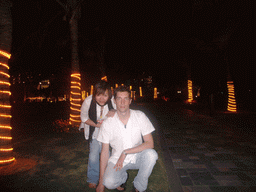 Tim and Miaomiao at the gardens of the Gloria Resort Sanya, by night