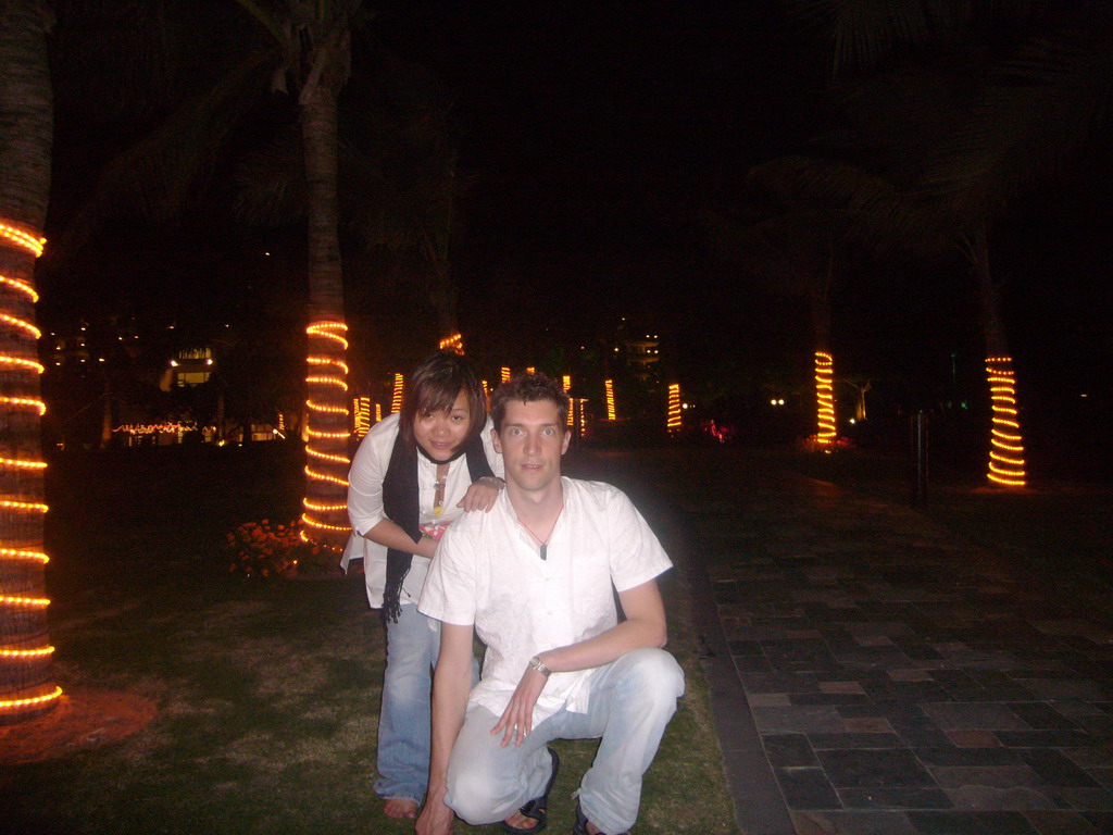 Tim and Miaomiao at the gardens of the Gloria Resort Sanya, by night