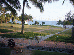 Miaomiao in a hammock at the Gloria Resort Sanya