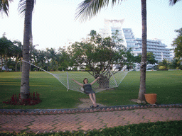 Miaomiao in a hammock at the Gloria Resort Sanya