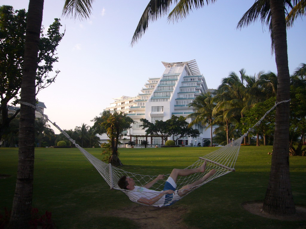 Tim in a hammock at the Gloria Resort Sanya