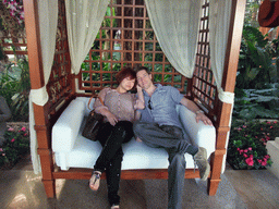 Tim and Miaomiao on a sofa at lobby of the Ocean Sonic Resort