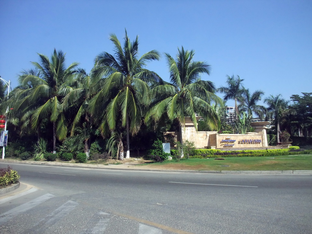 Palm trees in front of the Howard Johnson Resort Sanya, viewed from a car