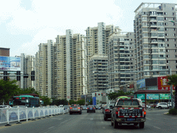 Apartment buildings in the city center, viewed from the car