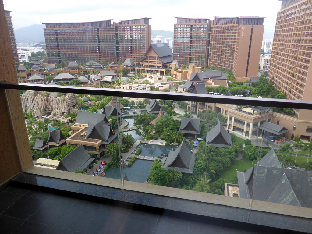 The central area with the Amazon Jungle Water Park of the Sanya Bay Mangrove Tree Resort, viewed from the balcony of our room