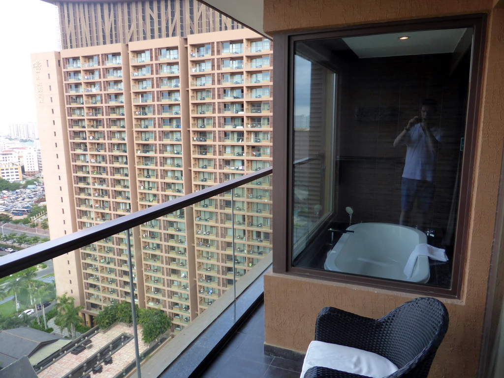 The bathtub in our bathroom at the Sanya Bay Mangrove Tree Resort, viewed from the balcony