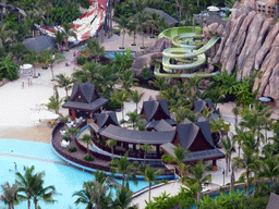 Slides and pavilions at the Amazon Jungle Water Park at the central area of the Sanya Bay Mangrove Tree Resort, viewed from the balcony of our room