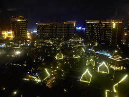 The central area with the Amazon Jungle Water Park of the Sanya Bay Mangrove Tree Resort, viewed from the balcony of our room, by night
