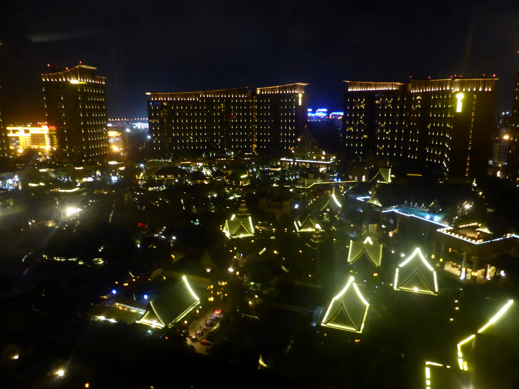 The central area with the Amazon Jungle Water Park of the Sanya Bay Mangrove Tree Resort, viewed from the balcony of our room, by night