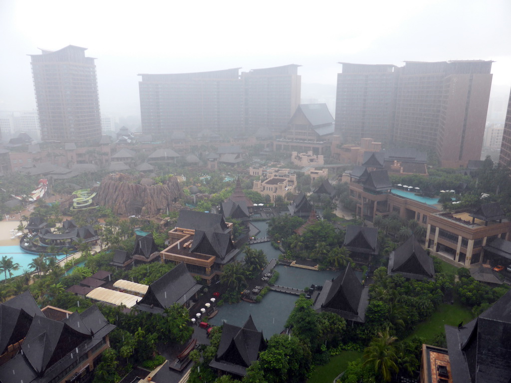 The central area with the Amazon Jungle Water Park of the Sanya Bay Mangrove Tree Resort, viewed from the balcony of our room