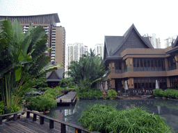 Buildings, pavilions and pond at the central area of the Sanya Bay Mangrove Tree Resort