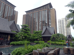 Buildings, pavilions and pond at the central area of the Sanya Bay Mangrove Tree Resort