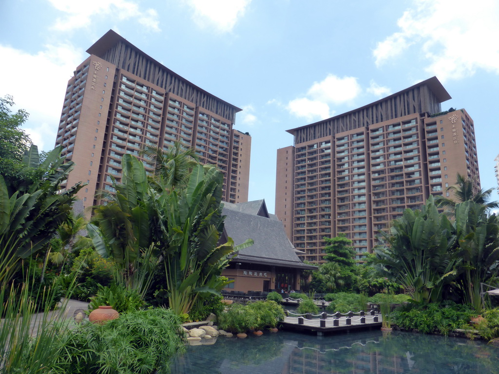 Buildings, pavilions and pond at the central area of the Sanya Bay Mangrove Tree Resort