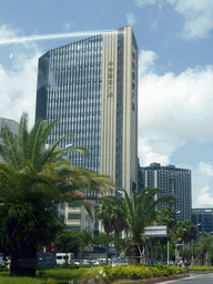 Skyscrapers in the city center, viewed from the car