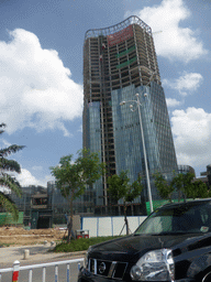 Skyscraper in the city center, viewed from the car