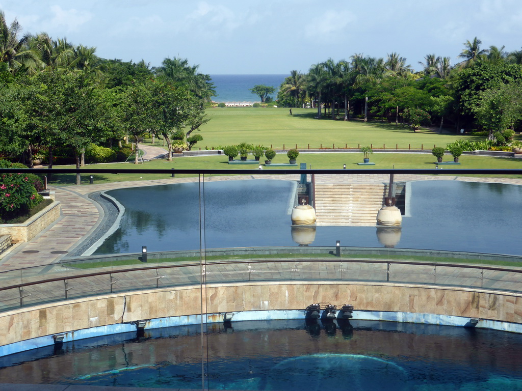 Pond, garden and beach of the InterContinental Sanya Haitang Bay Resort, viewed from the upper floor