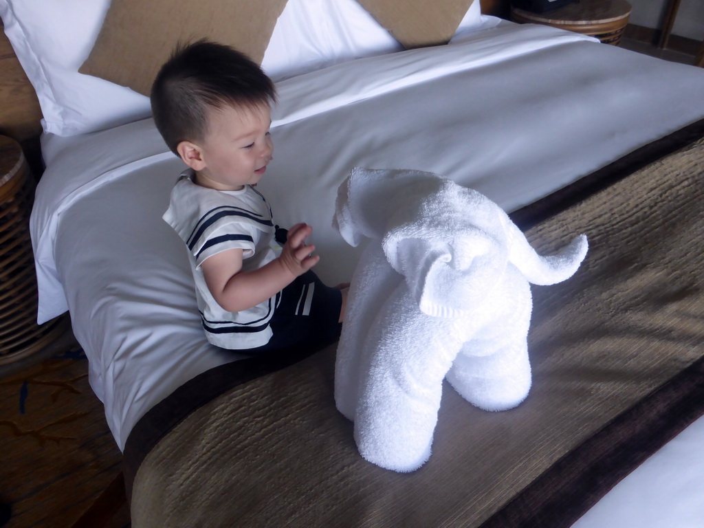 Max with a towel on the bed in our room at the InterContinental Sanya Haitang Bay Resort