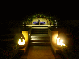 Miaomiao at a patio in the garden of the InterContinental Sanya Haitang Bay Resort, by night