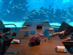 Max and his cousin in front of the aquarium with fish at the Aqua restaurant at the InterContinental Sanya Haitang Bay Resort