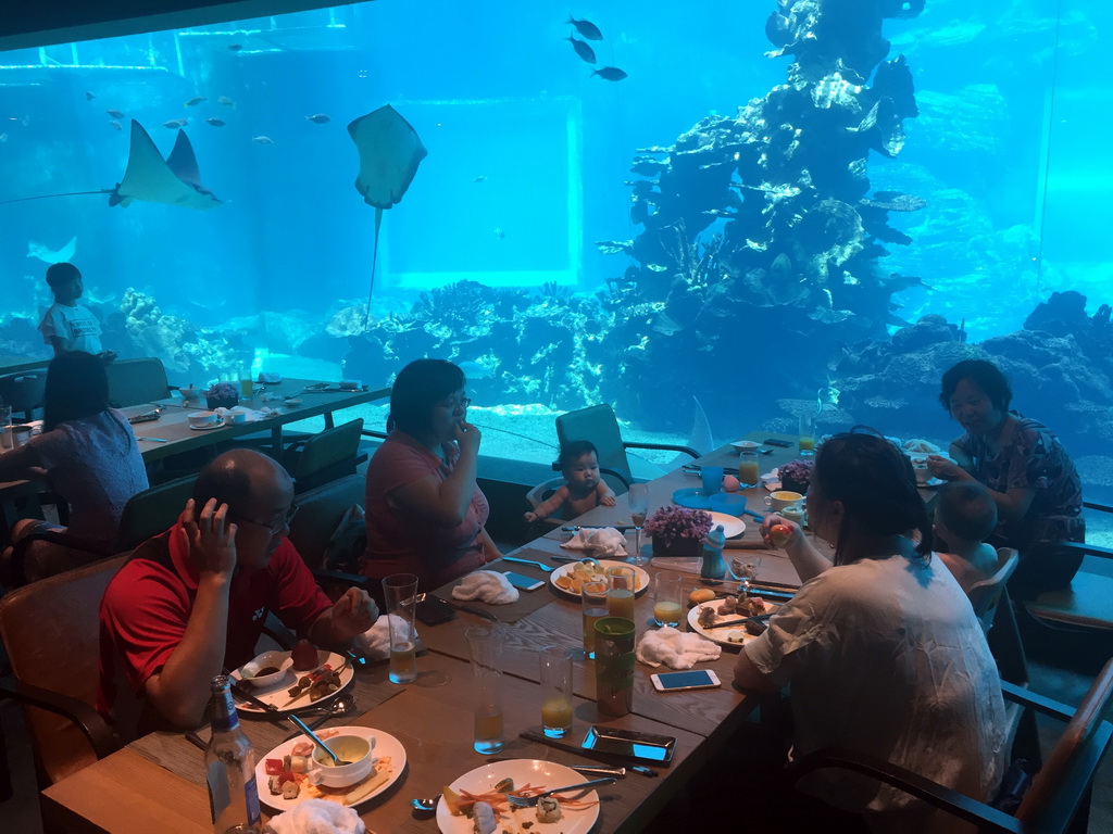 Miaomiao, Max and Miaomiao`s family having lunch in front of the aquarium with stingrays and fish at the Aqua restaurant at the InterContinental Sanya Haitang Bay Resort