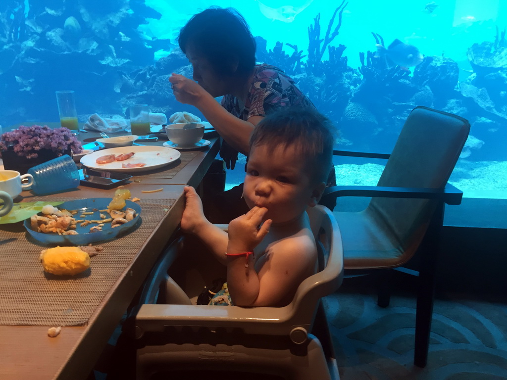 Max and Miaomiao`s mother having lunch in front of the aquarium with fish at the Aqua restaurant at the InterContinental Sanya Haitang Bay Resort