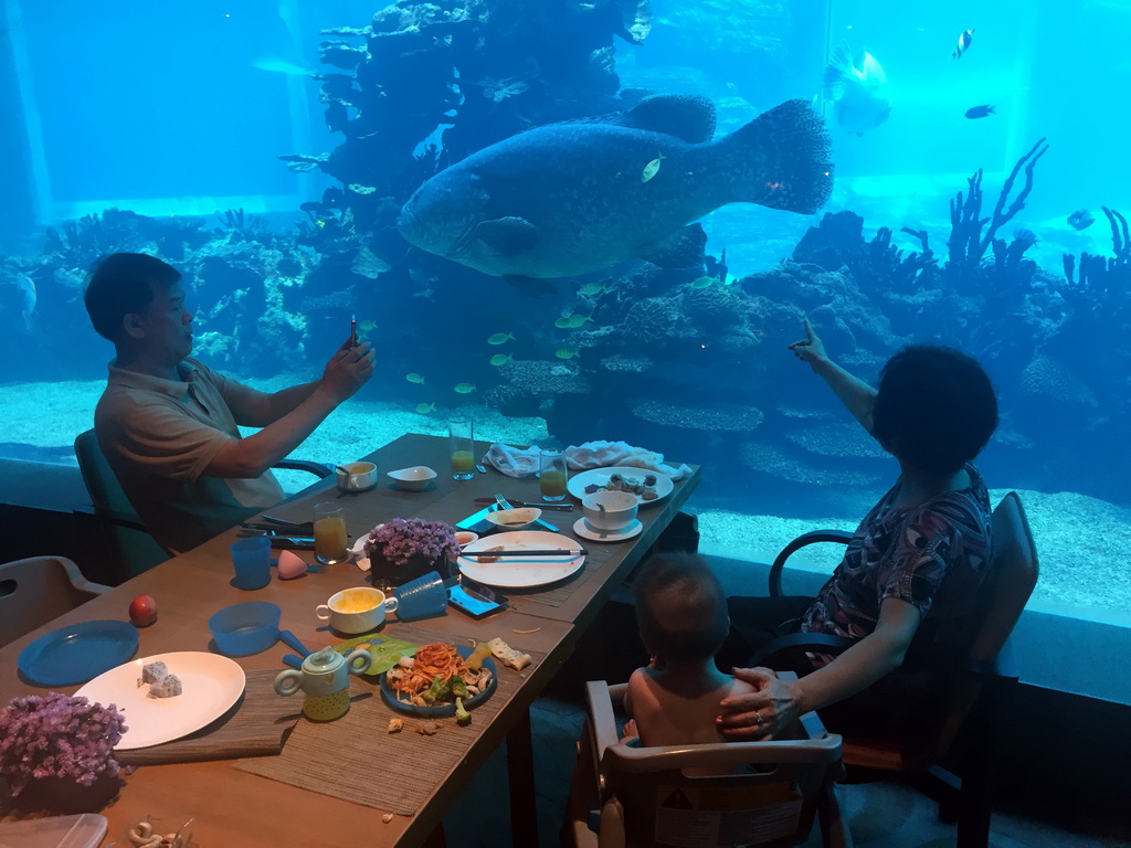 Max and Miaomiao`s parents in front of the aquarium with fish at the Aqua restaurant at the InterContinental Sanya Haitang Bay Resort