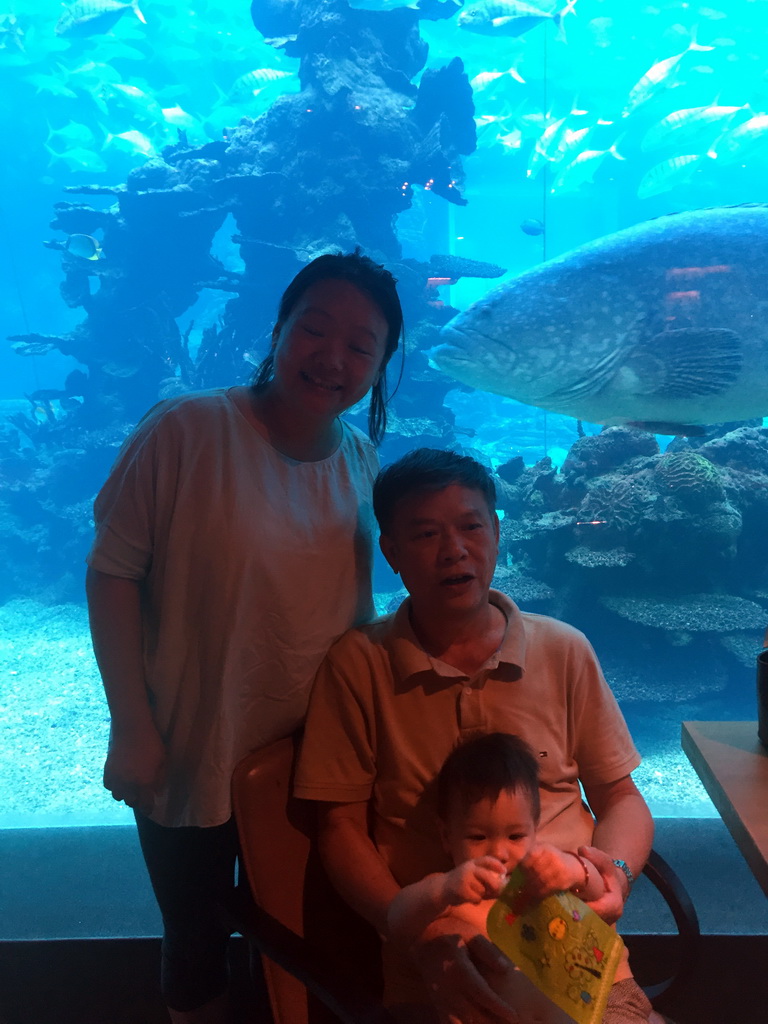 Miaomiao, her father and Max in front of the aquarium with fish at the Aqua restaurant at the InterContinental Sanya Haitang Bay Resort