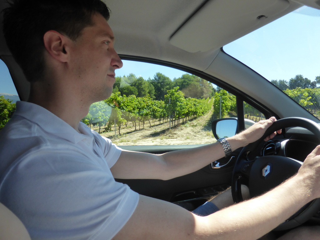 Tim in our rental car on the Chemin de Bedoin road between Carpentras and Bedoin