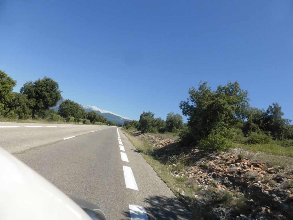 The D942 road from Avignon and the Mont Ventoux mountain, viewed from our rental car