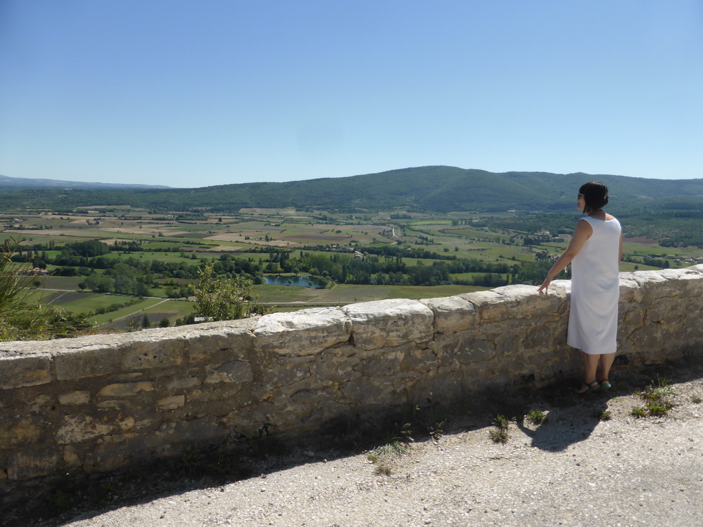 Miaomiao at a viewing point along the D1 road from Avignon, with a view on hills and lavender fields