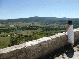Miaomiao at a viewing point along the D1 road from Avignon, with a view on hills and lavender fields