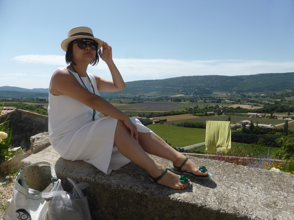 Miaomiao at the Rue Porte Sainte-Anne street, with a view on the countryside to the southwest of the town