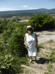 Miaomiao at the staircase from the Rue de l`Hospital to the La Promenade square, with a view on the countryside to the west of the town