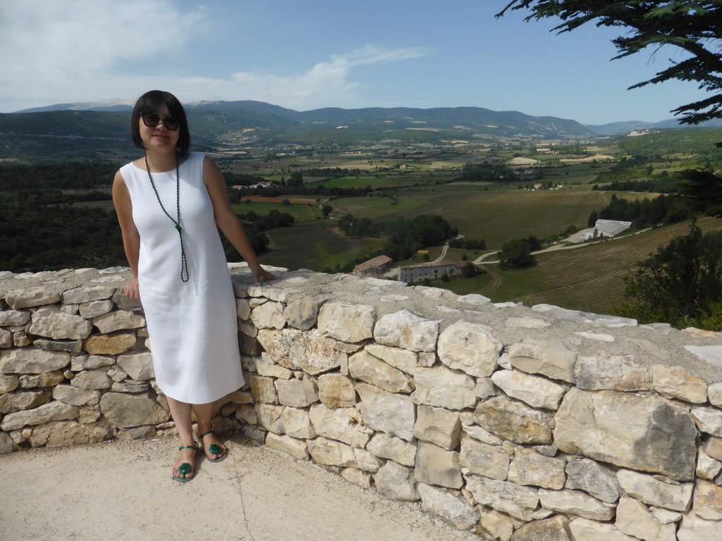 Miaomiao at a viewing point along the D943 road to Gordes, with a view on the countryside to the south of the town