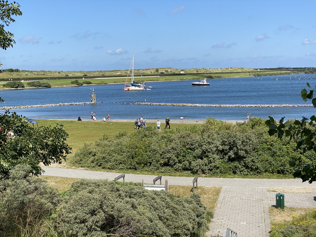 The Brouwersdam and boats in the Grevelingenmeer lake, viewed from the staircase from the Rampweg road to the West Repart beach