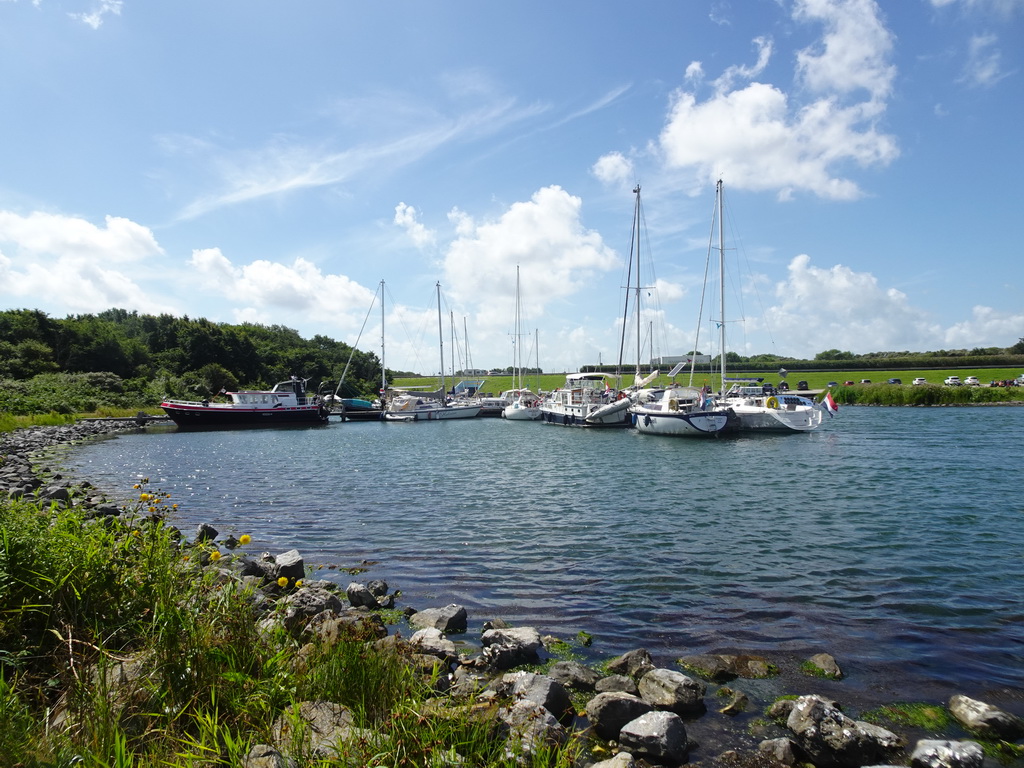 The Brouwersdam and boats in the Grevelingenmeer lake, viewed from the West Repart beach