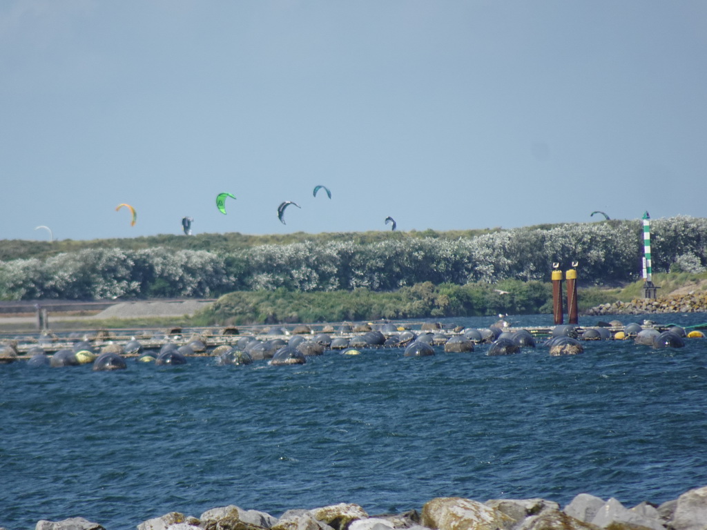 The Brouwersdam, kites and the Grevelingenmeer lake, viewed from the West Repart beach