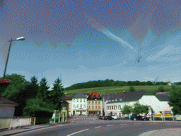 The crossing of the N10 road and the Route du Vin road at Schengen, viewed from the car on the B407 bridge over the Moselle river