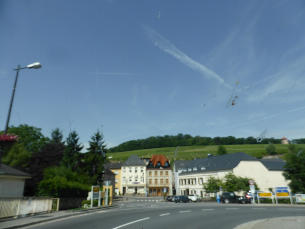 The crossing of the N10 road and the Route du Vin road at Schengen, viewed from the car on the B407 bridge over the Moselle river