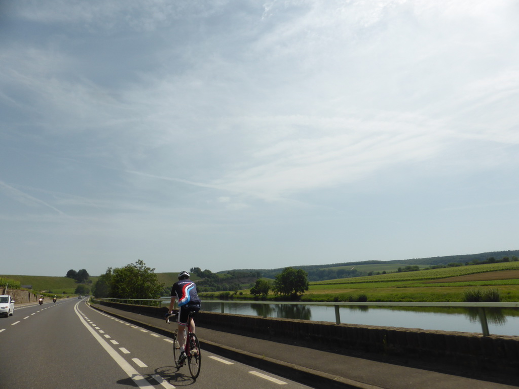 Cyclist and the Moselle river next to the Route du Vin road between Stadtbredimus and Hettermillen, viewed from the car