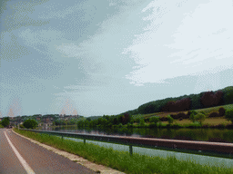 Wine fields, the Moselle river and the village of Ehnen next to the Route du Vin road, viewed from the car