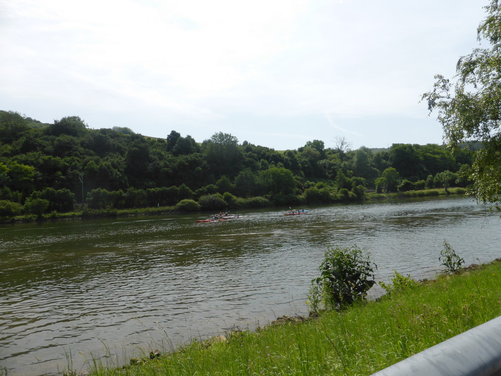 Kanoes in the Moselle river next to the Route du Vin road near Ahn, viewed from the car