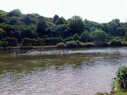 Kanoes in the Moselle river next to the Route du Vin road near Ahn, viewed from the car