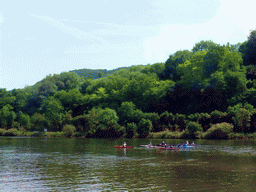 Kanoes in the Moselle river next to the Route du Vin road near Ahn, viewed from the car