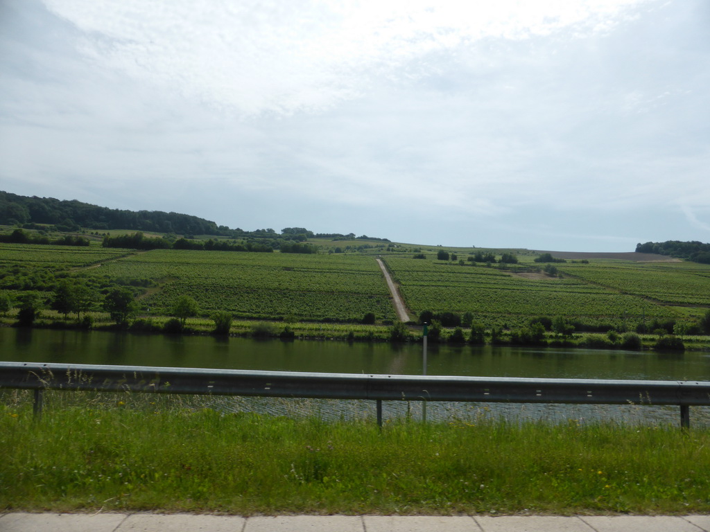 Wine fields and the Moselle river next to the Route du Vin road between Ahn and Nittel, viewed from the car