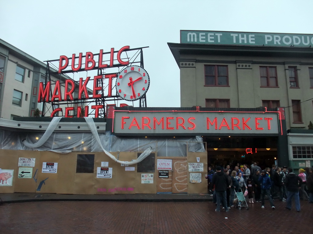 Front of Pike Place Market at the crossing of 1st Avenue and Pike Street