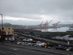 View from Western Avenue on Elliott Bay, the Seattle Aquarium and the Qwest Field football stadium